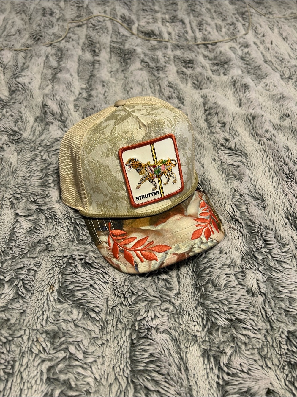 Beige Floral Trucker Hat with Leopard Patch